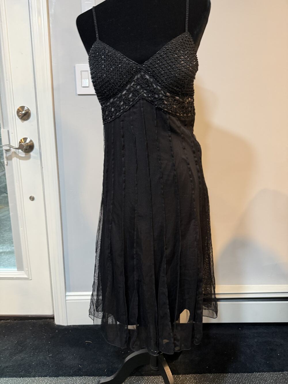 ICE Black Beaded Crochet Bodice Mesh Overlay Slip Midi Dress Size 6